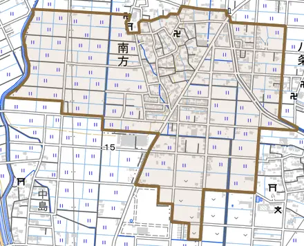 大字南方とその周辺の地図。町の範囲を重ねている