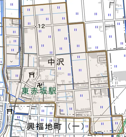 大字中沢とその周辺の地図。町の範囲を重ねている