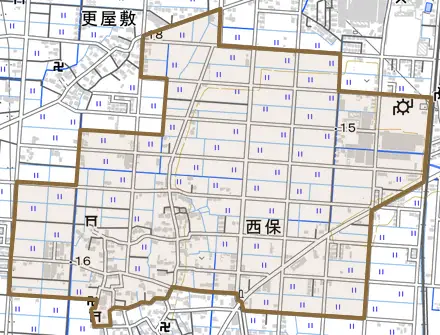 大字西保とその周辺の地図。町の範囲を重ねている