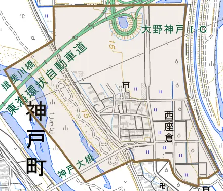 大字西座倉とその周辺の地図。町の範囲を重ねている