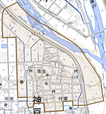 大字落合とその周辺の地図。町の範囲を重ねている