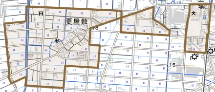 大字更屋敷とその周辺の地図。町の範囲を重ねている