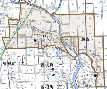 大字瀬古とその周辺の地図。町の範囲を重ねている