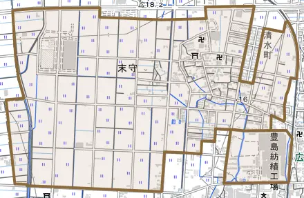 大字末守とその周辺の地図。町の範囲を重ねている