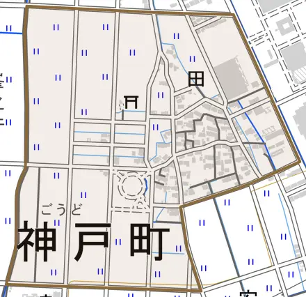 大字田とその周辺の地図。町の範囲を重ねている