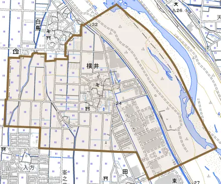 大字横井とその周辺の地図。町の範囲を重ねている