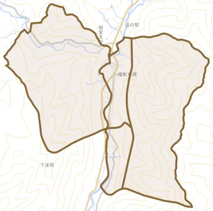 八幡町有穂とその周辺の地図。町の範囲を重ねている