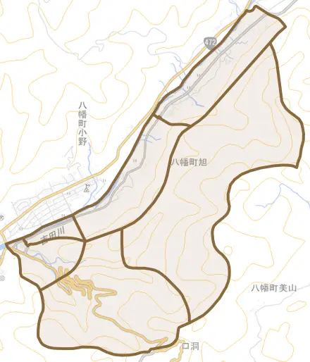 八幡町旭とその周辺の地図。町の範囲を重ねている
