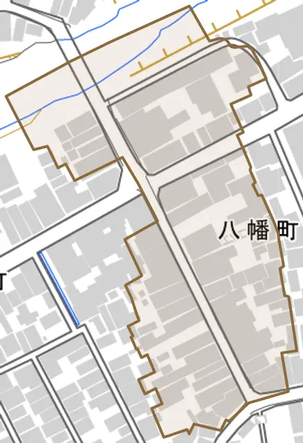八幡町橋本町とその周辺の地図。町の範囲を重ねている