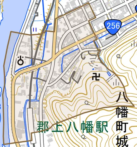 八幡町城南町とその周辺の地図。町の範囲を重ねている