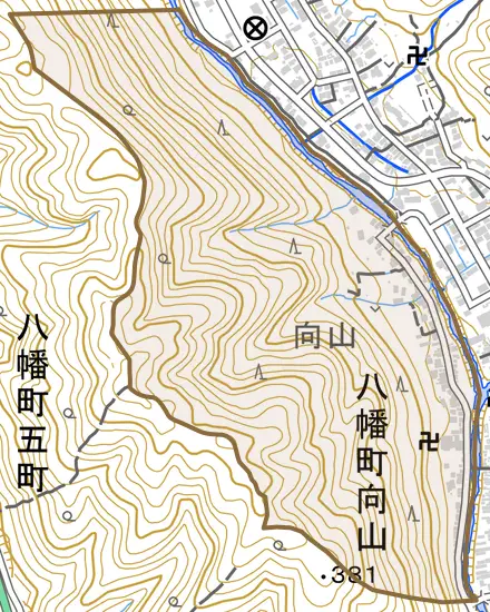 八幡町向山とその周辺の地図。町の範囲を重ねている