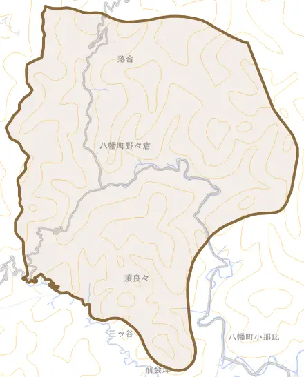 八幡町野々倉とその周辺の地図。町の範囲を重ねている