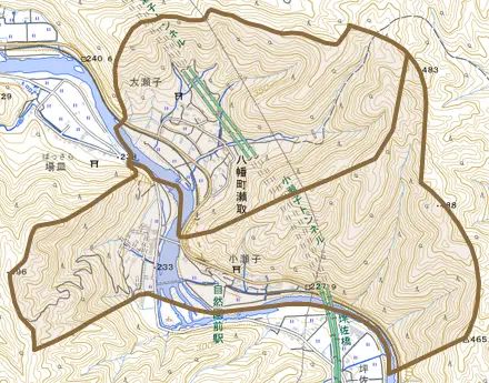 八幡町瀬取とその周辺の地図。町の範囲を重ねている