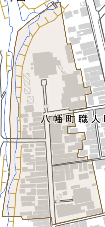 八幡町職人町とその周辺の地図。町の範囲を重ねている