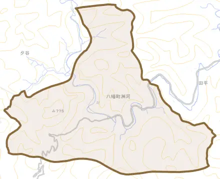 八幡町洲河とその周辺の地図。町の範囲を重ねている