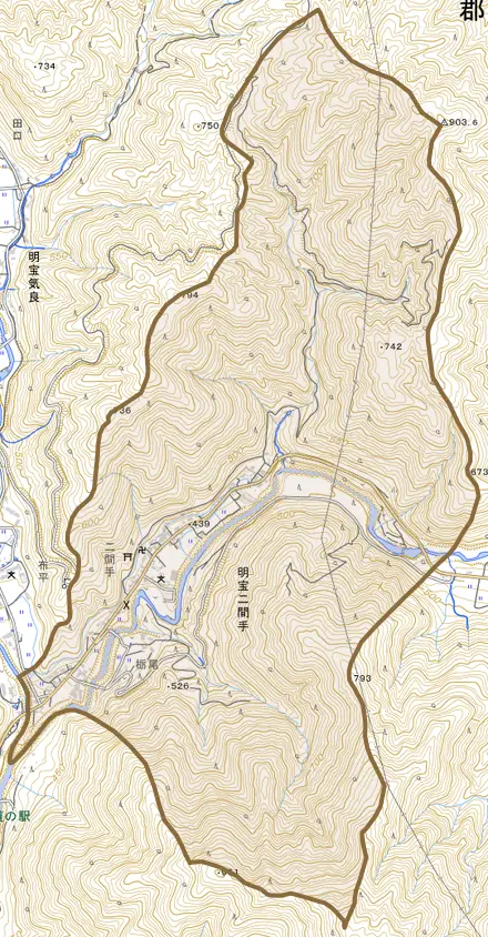 明宝二間手とその周辺の地図。町の範囲を重ねている