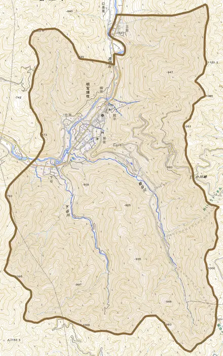 明宝畑佐とその周辺の地図。町の範囲を重ねている