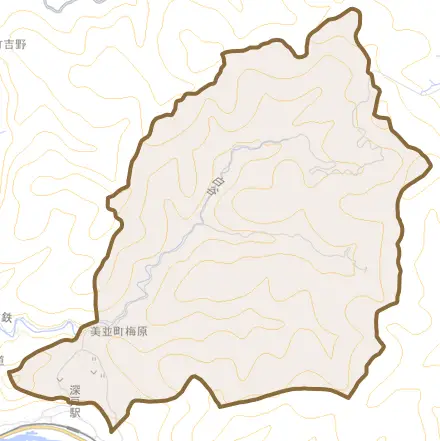 美並町梅原とその周辺の地図。町の範囲を重ねている