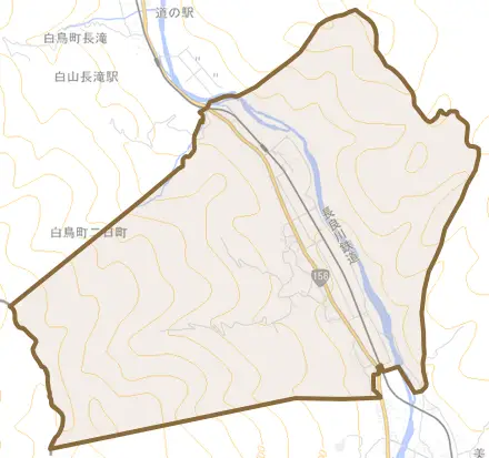 白鳥町二日町とその周辺の地図。町の範囲を重ねている