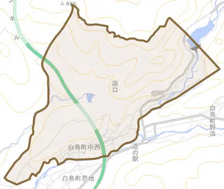 白鳥町中西とその周辺の地図。町の範囲を重ねている