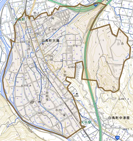 白鳥町大島とその周辺の地図。町の範囲を重ねている