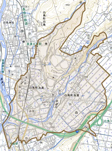 白鳥町為真とその周辺の地図。町の範囲を重ねている