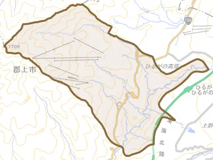 高鷲町西洞とその周辺の地図。町の範囲を重ねている