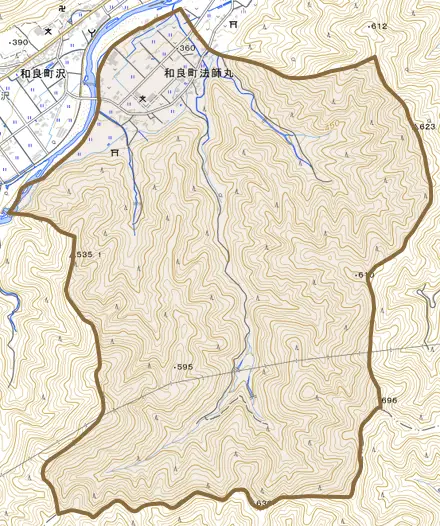 和良町法師丸とその周辺の地図。町の範囲を重ねている