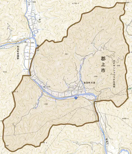 和良町方須とその周辺の地図。町の範囲を重ねている