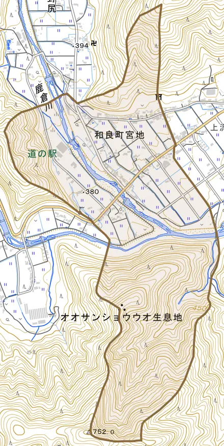 和良町宮地とその周辺の地図。町の範囲を重ねている
