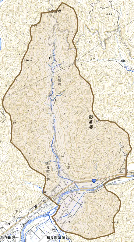 和良町下洞とその周辺の地図。町の範囲を重ねている