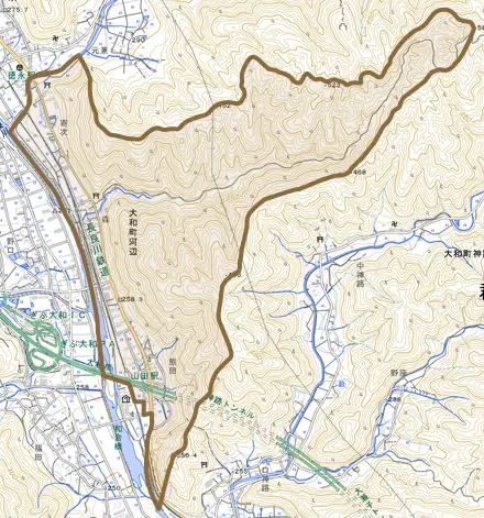 大和町河辺とその周辺の地図。町の範囲を重ねている