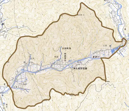 大和町牧とその周辺の地図。町の範囲を重ねている