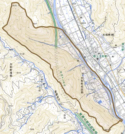 大和町名皿部とその周辺の地図。町の範囲を重ねている