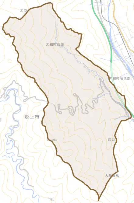 大和町落部とその周辺の地図。町の範囲を重ねている