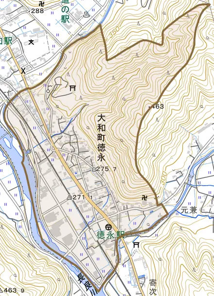 大和町徳永とその周辺の地図。町の範囲を重ねている