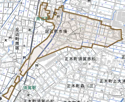 足近町市場とその周辺の地図。町の範囲を重ねている