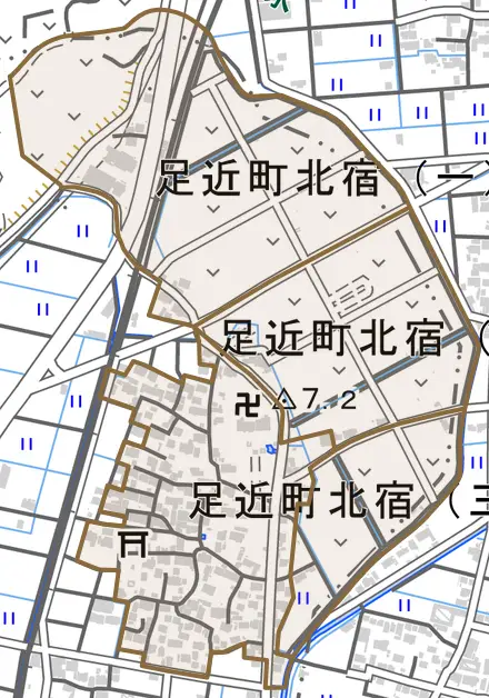 足近町北宿とその周辺の地図。町の範囲を重ねている