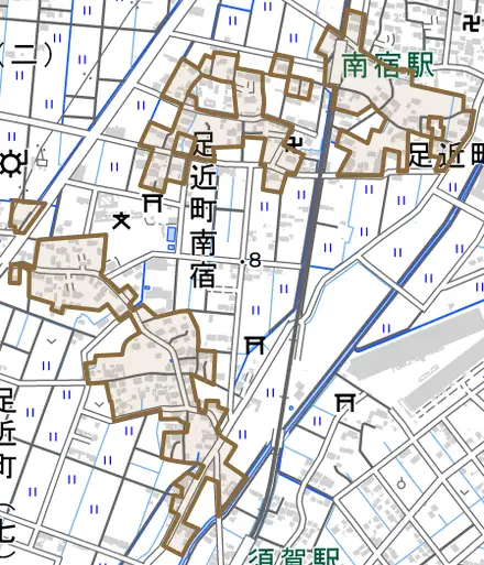 足近町南宿とその周辺の地図。町の範囲を重ねている