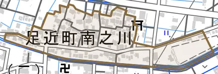足近町南之川とその周辺の地図。町の範囲を重ねている