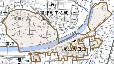 足近町直道とその周辺の地図。町の範囲を重ねている
