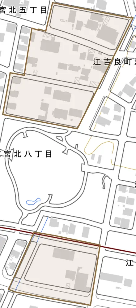 江吉良町江西とその周辺の地図。町の範囲を重ねている