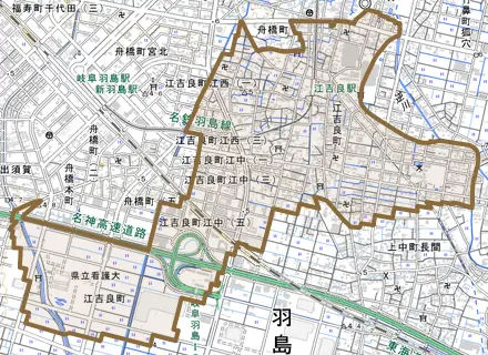 江吉良町とその周辺の地図。町の範囲を重ねている