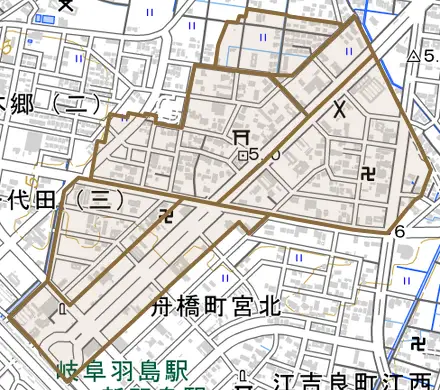 福寿町浅平とその周辺の地図。町の範囲を重ねている