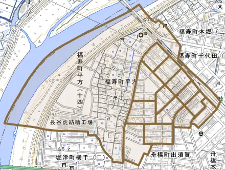 福寿町平方とその周辺の地図。町の範囲を重ねている