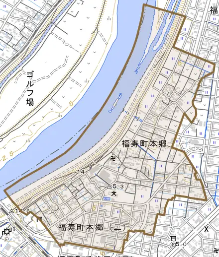 福寿町本郷とその周辺の地図。町の範囲を重ねている