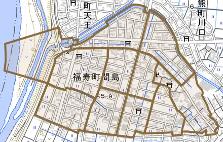福寿町間島とその周辺の地図。町の範囲を重ねている