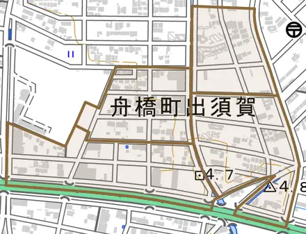 舟橋町出須賀とその周辺の地図。町の範囲を重ねている