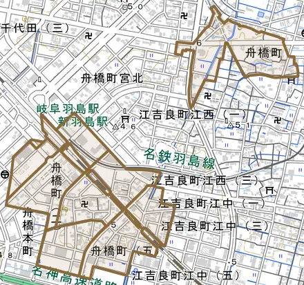 舟橋町とその周辺の地図。町の範囲を重ねている