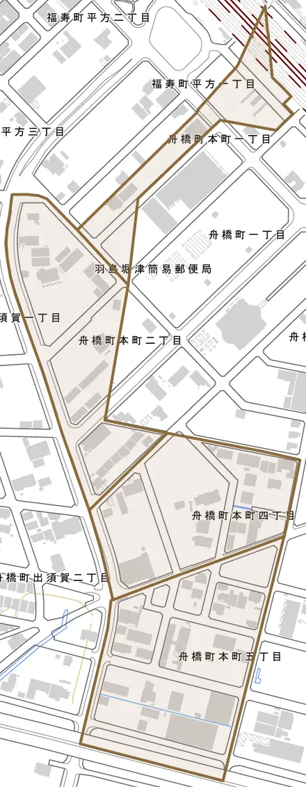舟橋町本町とその周辺の地図。町の範囲を重ねている